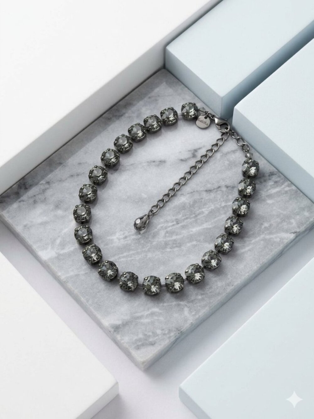 Sabika Charcoal Gray Austrian Crystal Choker Necklace Antique Silver Tone Large